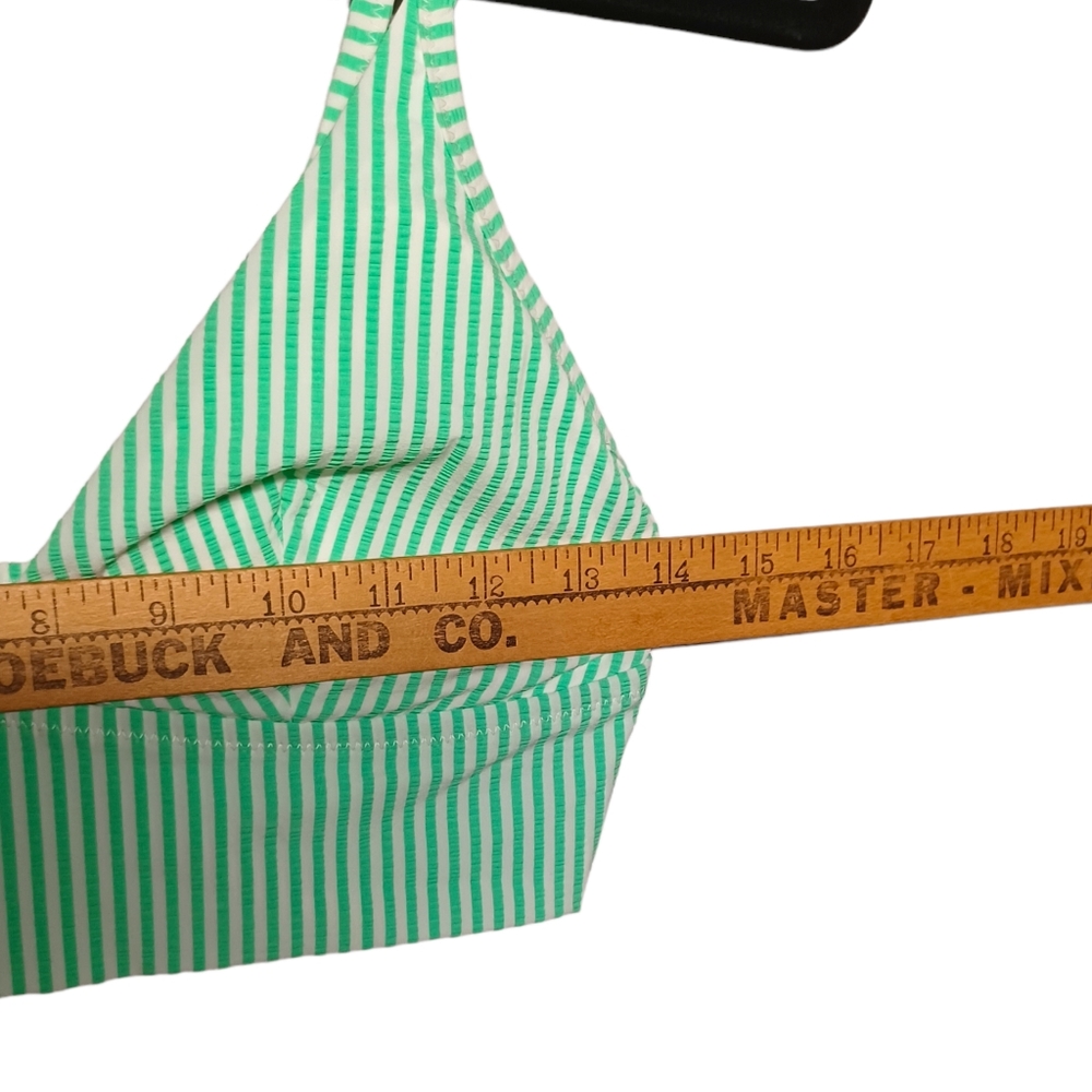 AERIE Bright Green White Thin Stripe Print Ruffle Triangle Bikini Top Medium - Picture 5 of 8